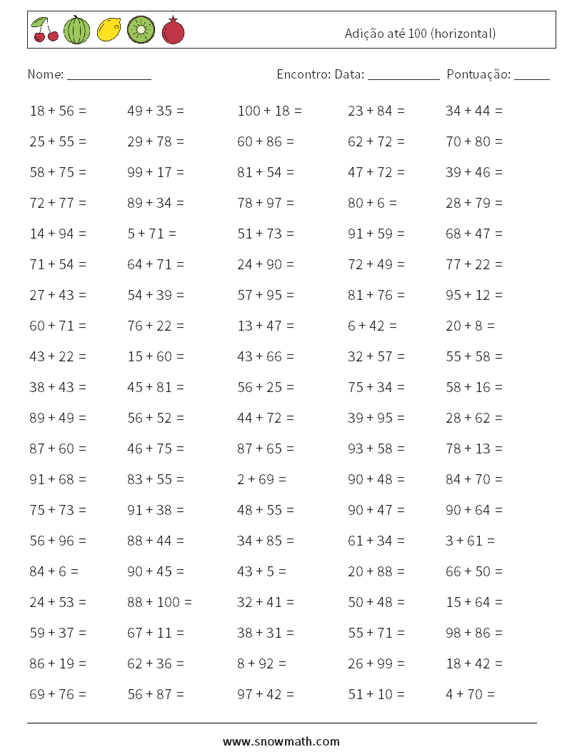 (100) Adição até 100 (horizontal) planilhas matemáticas 4