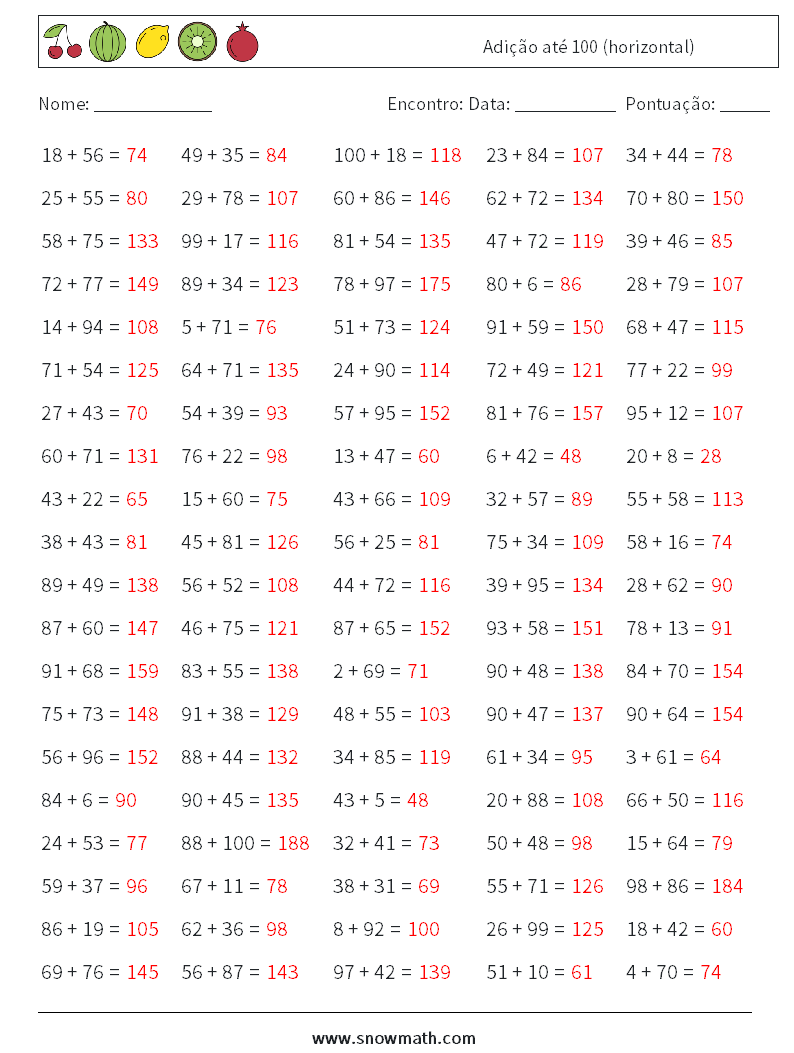 (100) Adição até 100 (horizontal) planilhas matemáticas 4 Pergunta, Resposta