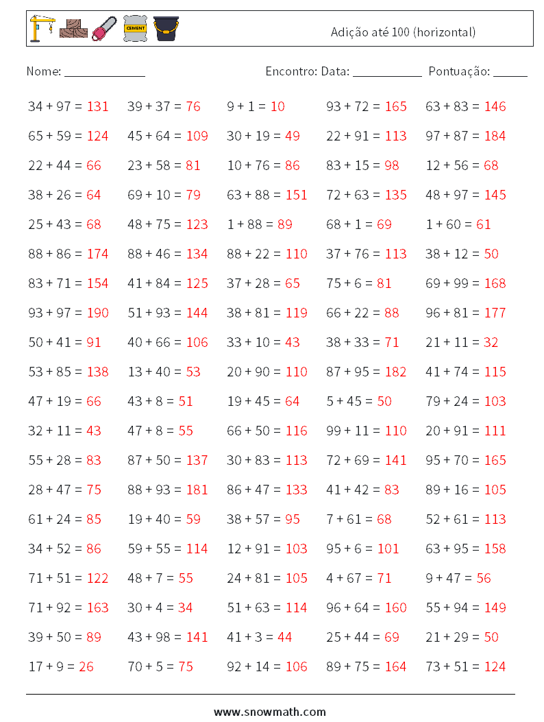 (100) Adição até 100 (horizontal) planilhas matemáticas 5 Pergunta, Resposta
