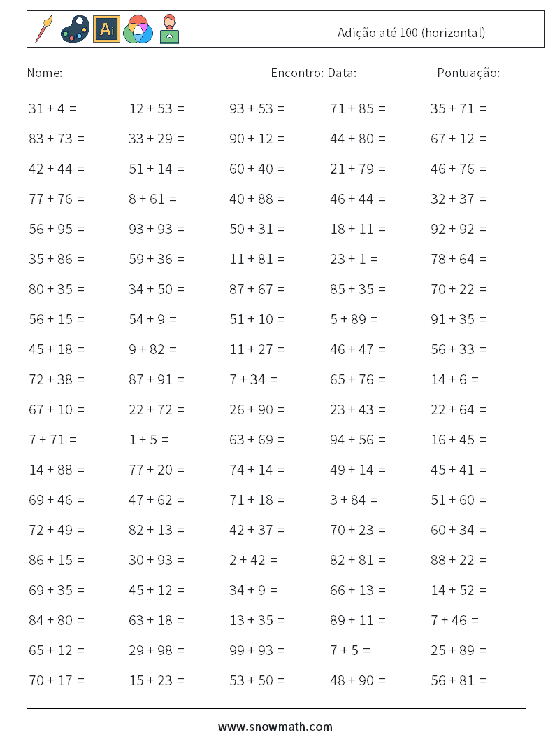 (100) Adição até 100 (horizontal) planilhas matemáticas 6