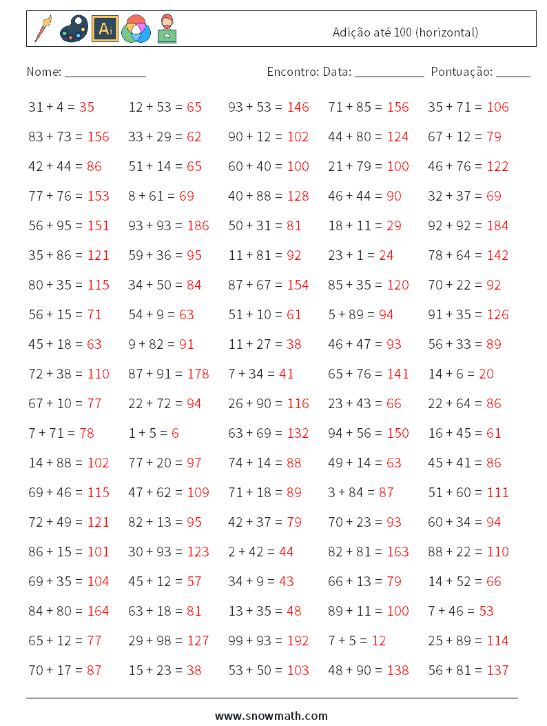 (100) Adição até 100 (horizontal) planilhas matemáticas 6 Pergunta, Resposta