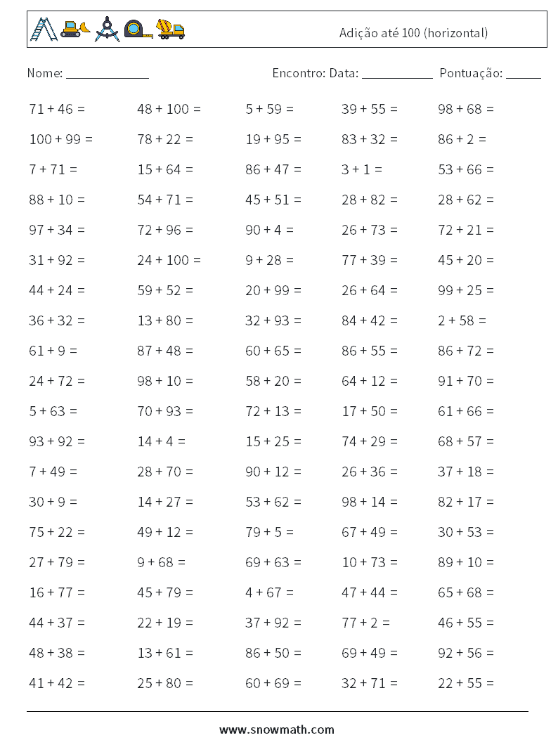 (100) Adição até 100 (horizontal) planilhas matemáticas 7