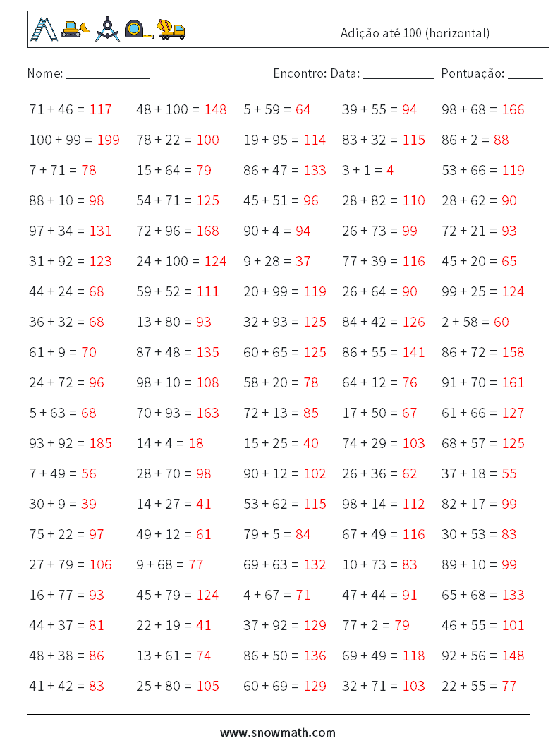 (100) Adição até 100 (horizontal) planilhas matemáticas 7 Pergunta, Resposta