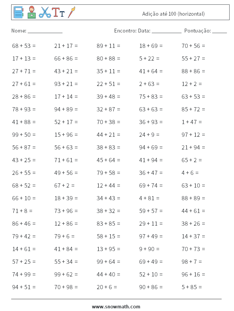 (100) Adição até 100 (horizontal) planilhas matemáticas 8