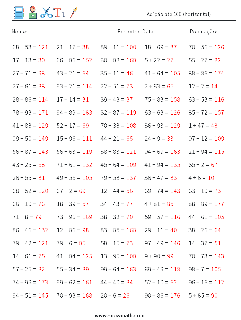 (100) Adição até 100 (horizontal) planilhas matemáticas 8 Pergunta, Resposta