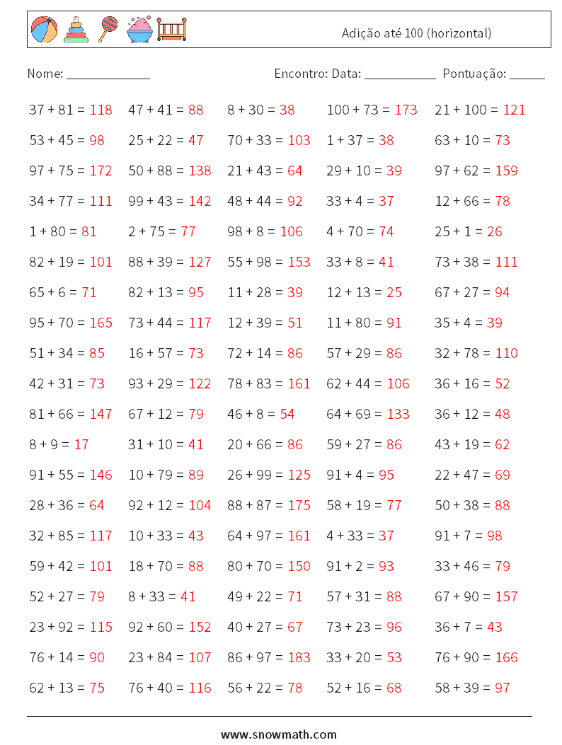 (100) Adição até 100 (horizontal) planilhas matemáticas 9 Pergunta, Resposta