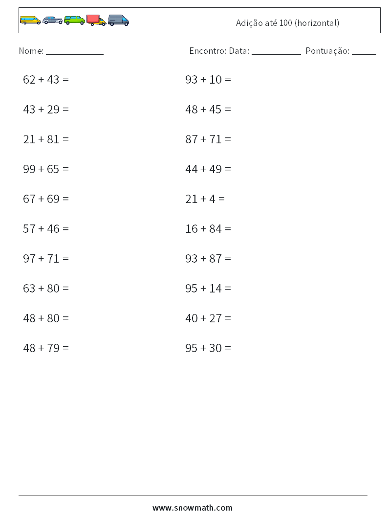 (20) Adição até 100 (horizontal) planilhas matemáticas 1