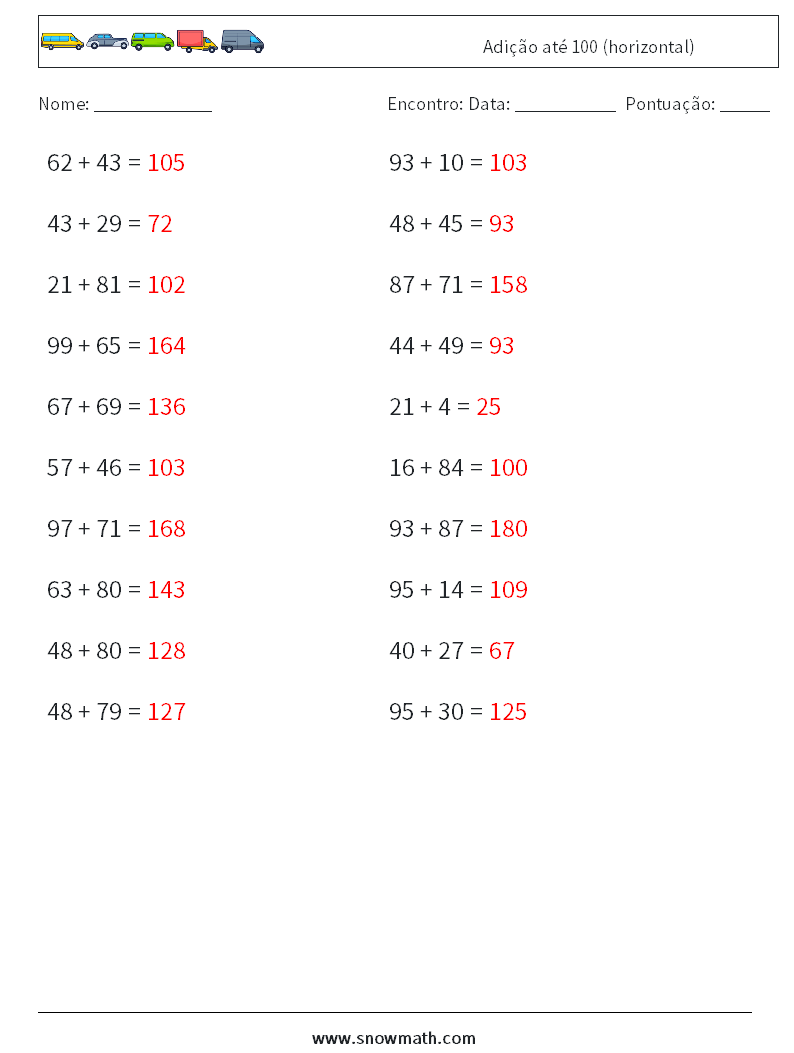 (20) Adição até 100 (horizontal) planilhas matemáticas 1 Pergunta, Resposta