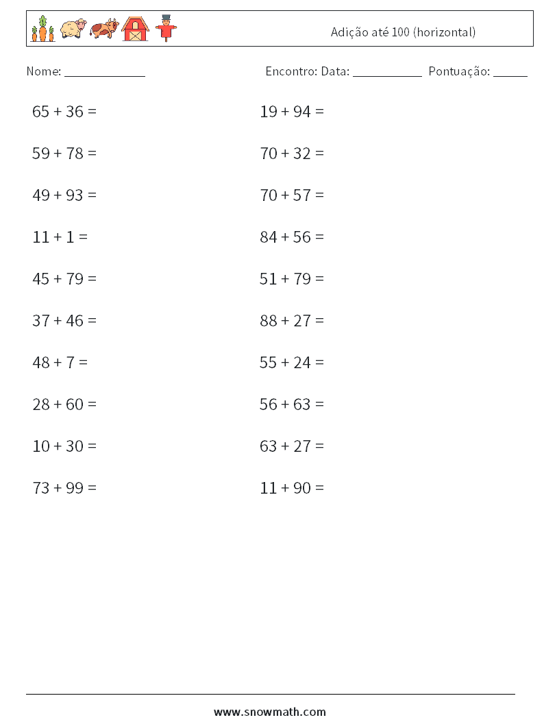 (20) Adição até 100 (horizontal) planilhas matemáticas 2