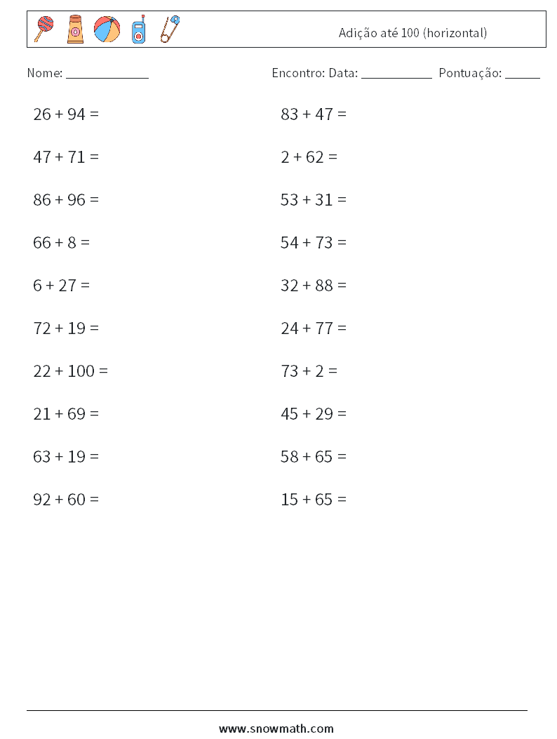 (20) Adição até 100 (horizontal) planilhas matemáticas 3