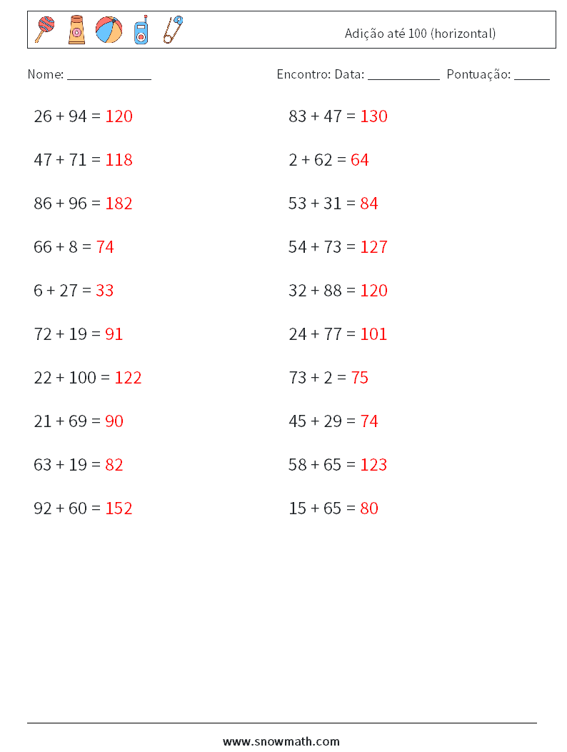 (20) Adição até 100 (horizontal) planilhas matemáticas 3 Pergunta, Resposta