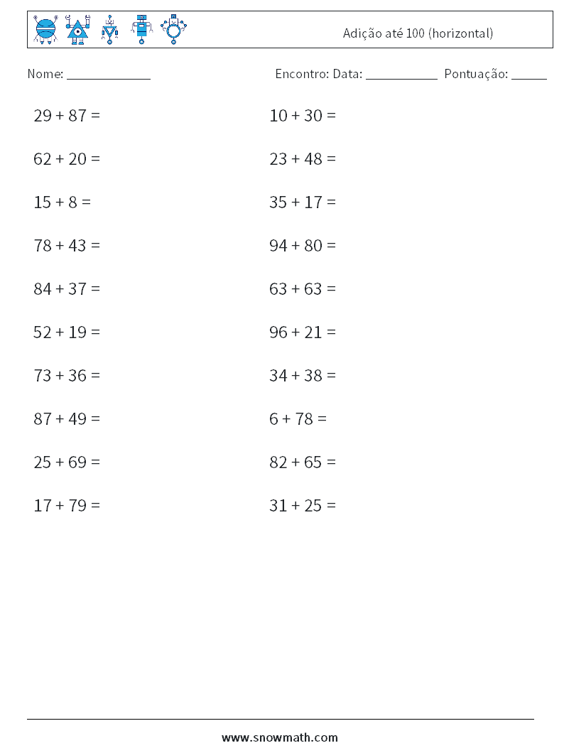 (20) Adição até 100 (horizontal) planilhas matemáticas 4