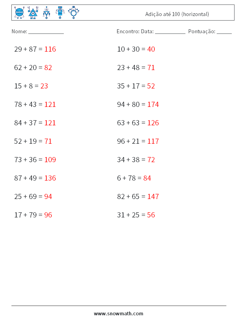 (20) Adição até 100 (horizontal) planilhas matemáticas 4 Pergunta, Resposta