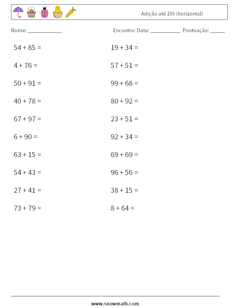 (20) Adição até 100 (horizontal) planilhas matemáticas 5