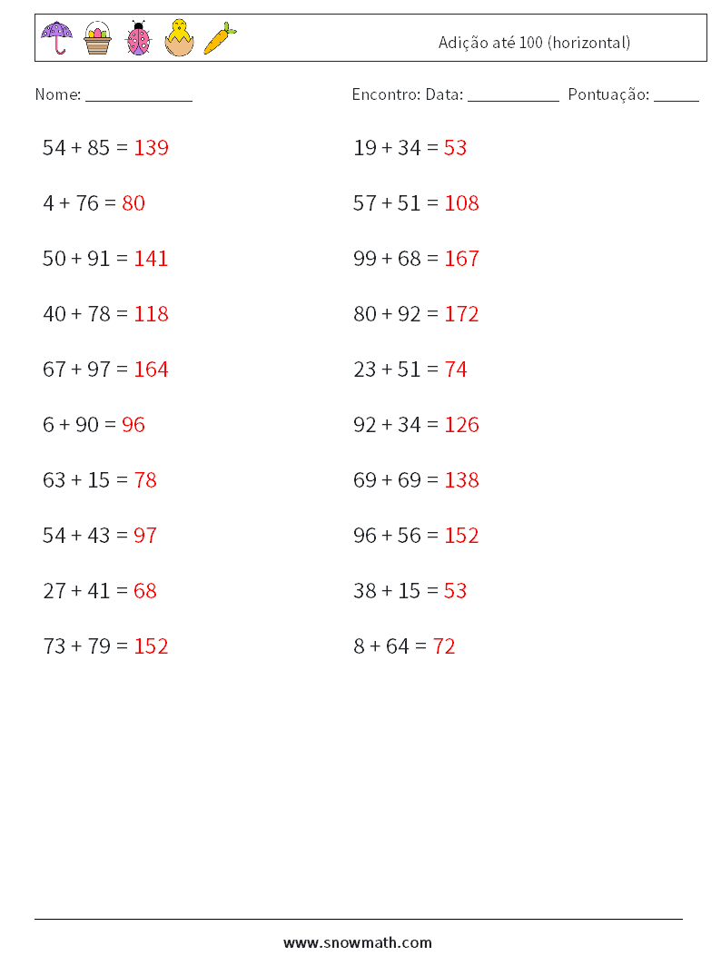 (20) Adição até 100 (horizontal) planilhas matemáticas 5 Pergunta, Resposta