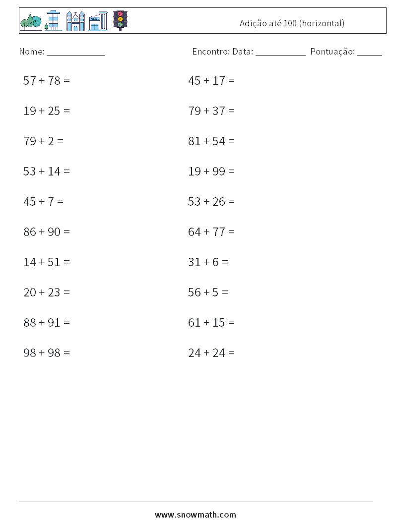 (20) Adição até 100 (horizontal) planilhas matemáticas 6