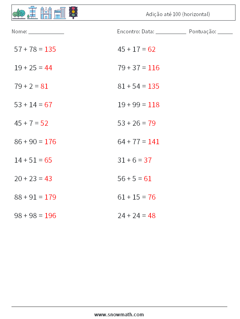 (20) Adição até 100 (horizontal) planilhas matemáticas 6 Pergunta, Resposta
