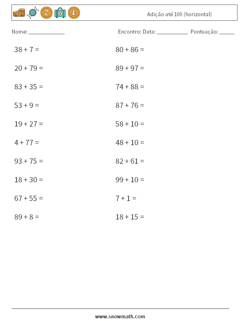 (20) Adição até 100 (horizontal) planilhas matemáticas 7