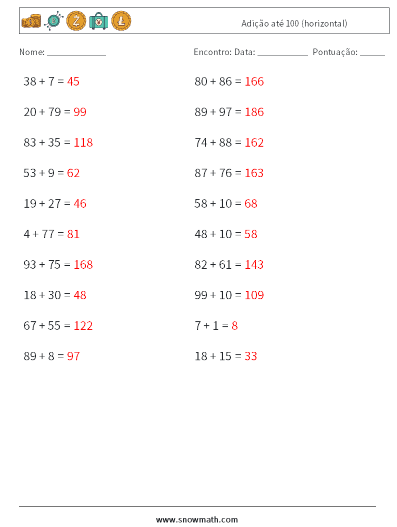(20) Adição até 100 (horizontal) planilhas matemáticas 7 Pergunta, Resposta