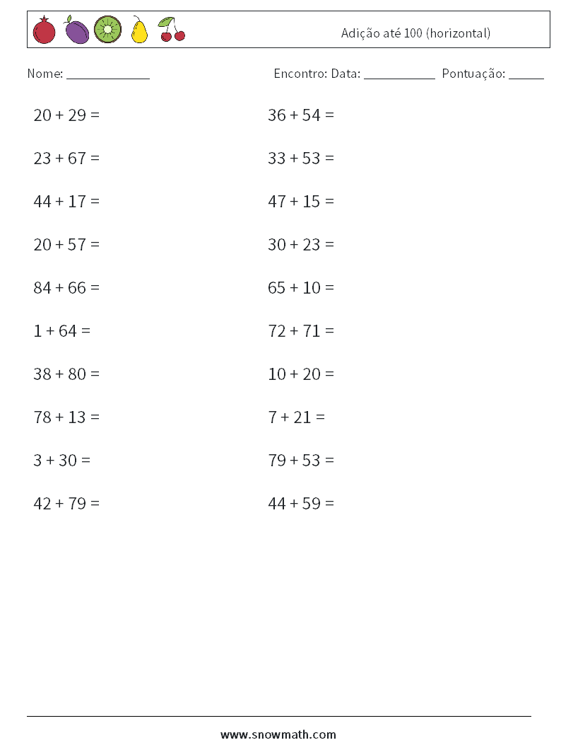 (20) Adição até 100 (horizontal) planilhas matemáticas 8