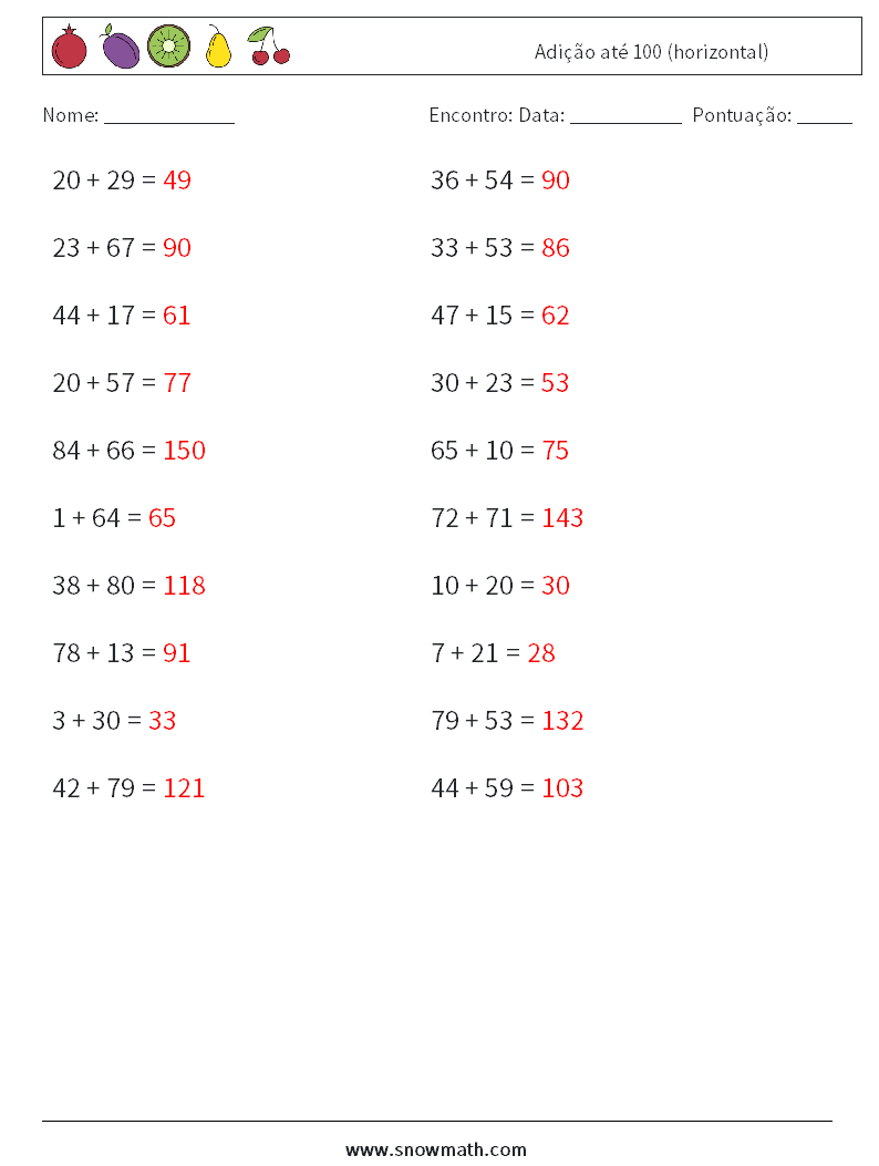 (20) Adição até 100 (horizontal) planilhas matemáticas 8 Pergunta, Resposta
