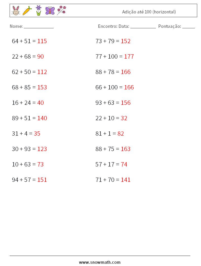 (20) Adição até 100 (horizontal) planilhas matemáticas 9 Pergunta, Resposta