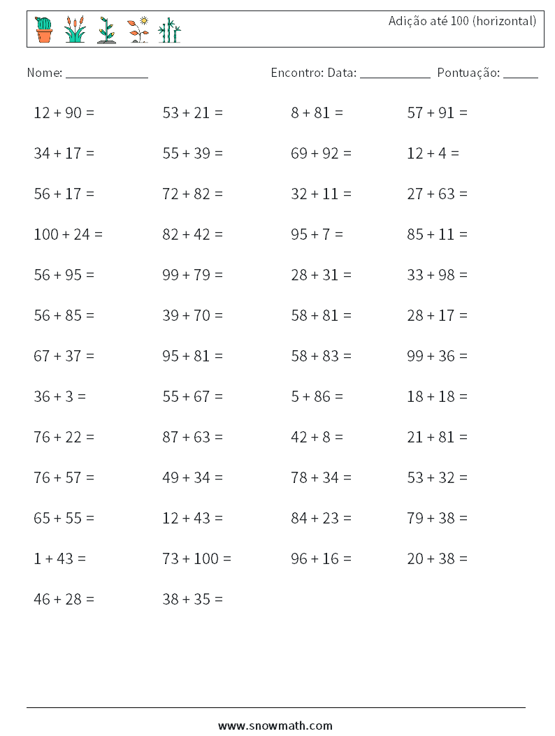 (50) Adição até 100 (horizontal) planilhas matemáticas 4