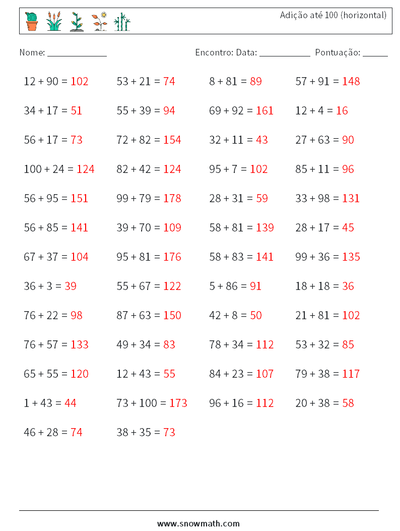 (50) Adição até 100 (horizontal) planilhas matemáticas 4 Pergunta, Resposta
