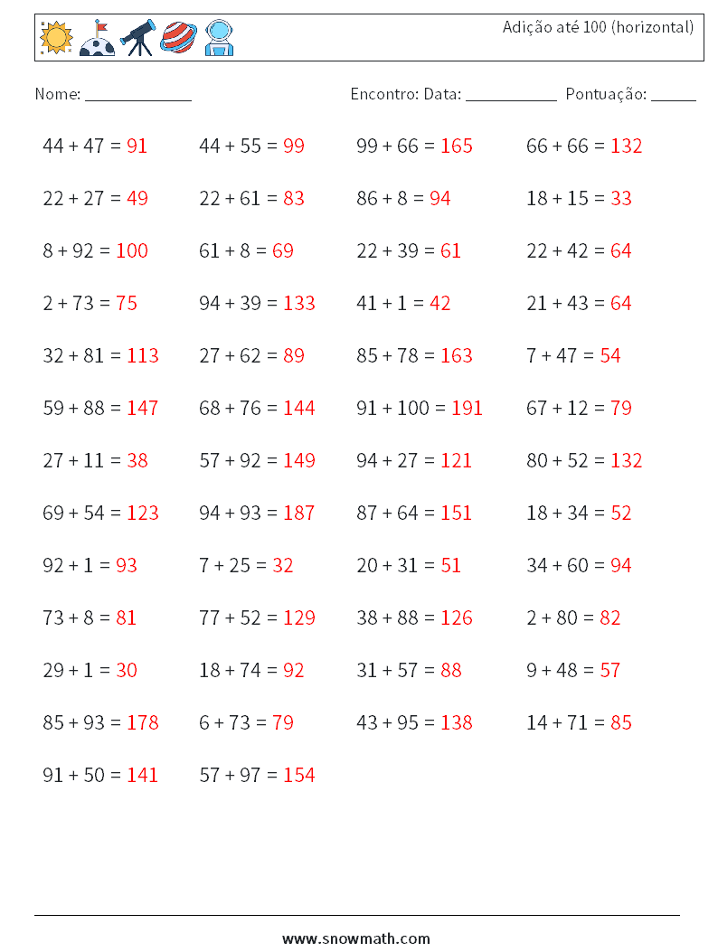 (50) Adição até 100 (horizontal) planilhas matemáticas 9 Pergunta, Resposta
