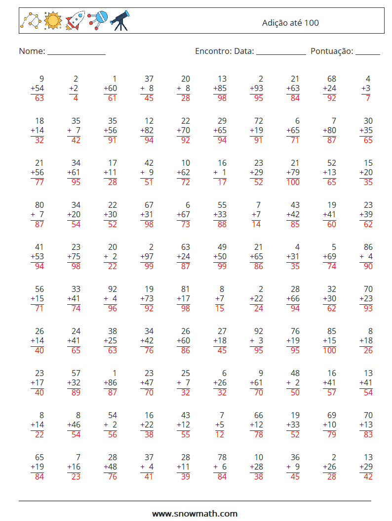 (100) Adição até 100 planilhas matemáticas 11 Pergunta, Resposta