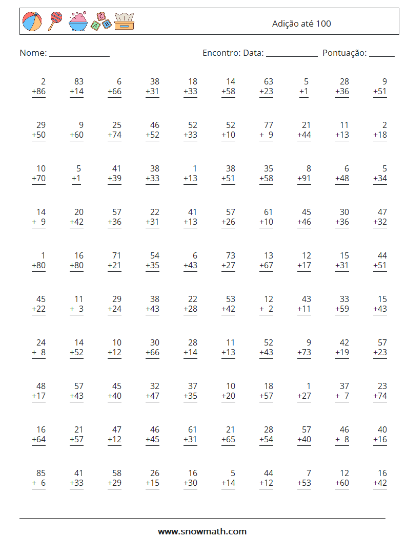 (100) Adição até 100 planilhas matemáticas 12