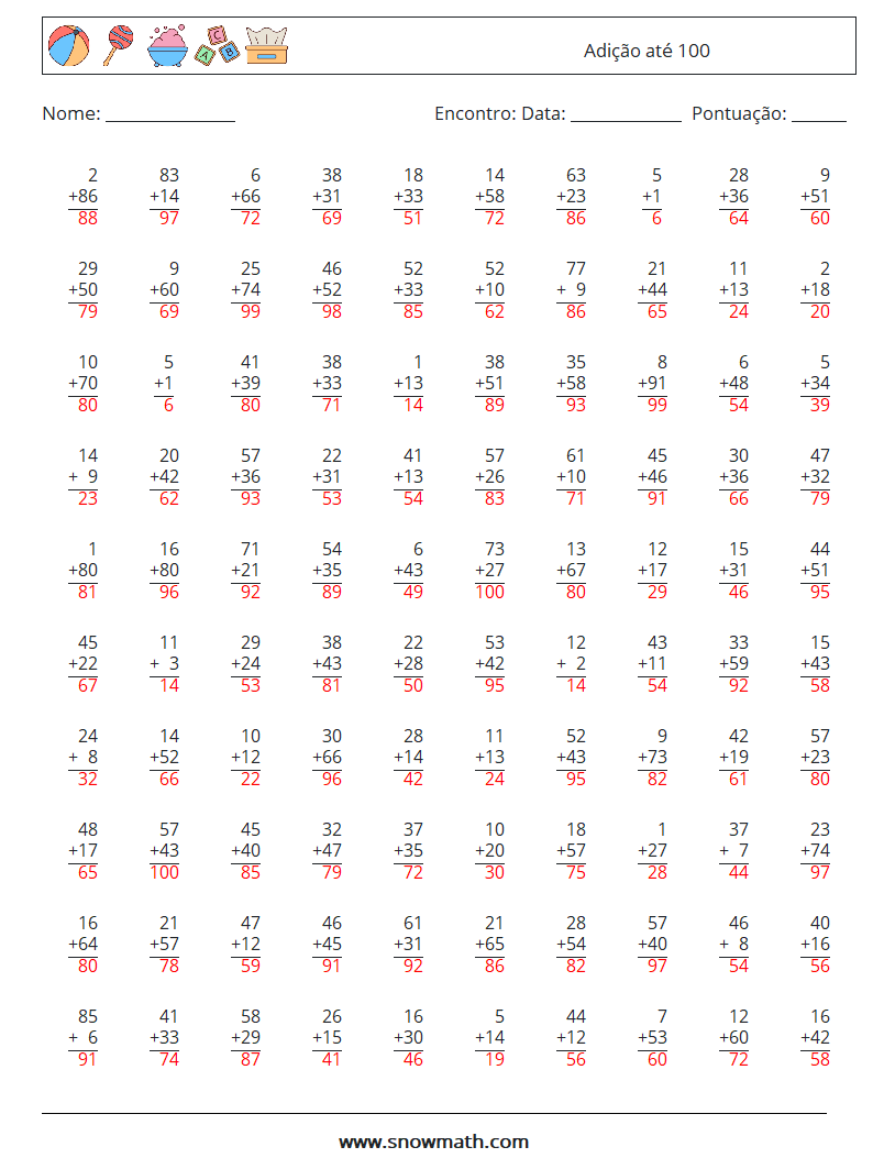 (100) Adição até 100 planilhas matemáticas 12 Pergunta, Resposta