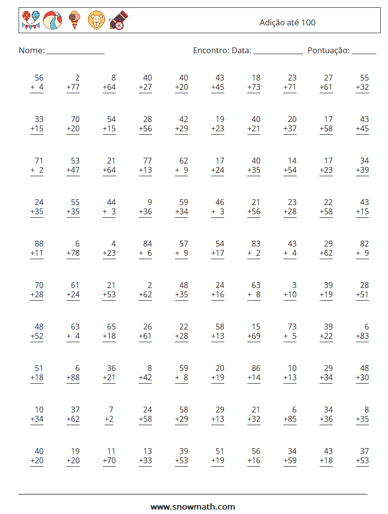 (100) Adição até 100 planilhas matemáticas 13