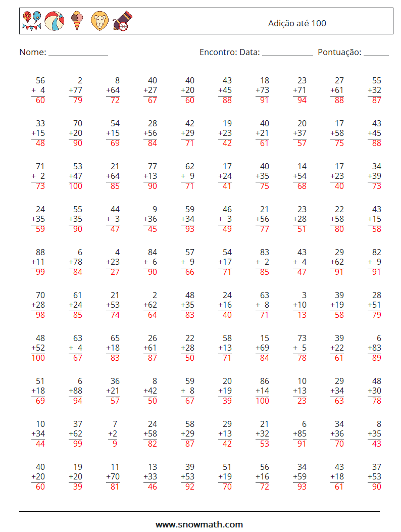 (100) Adição até 100 planilhas matemáticas 13 Pergunta, Resposta