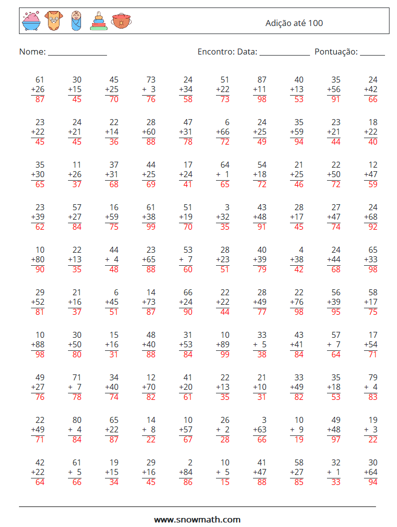 (100) Adição até 100 planilhas matemáticas 14 Pergunta, Resposta