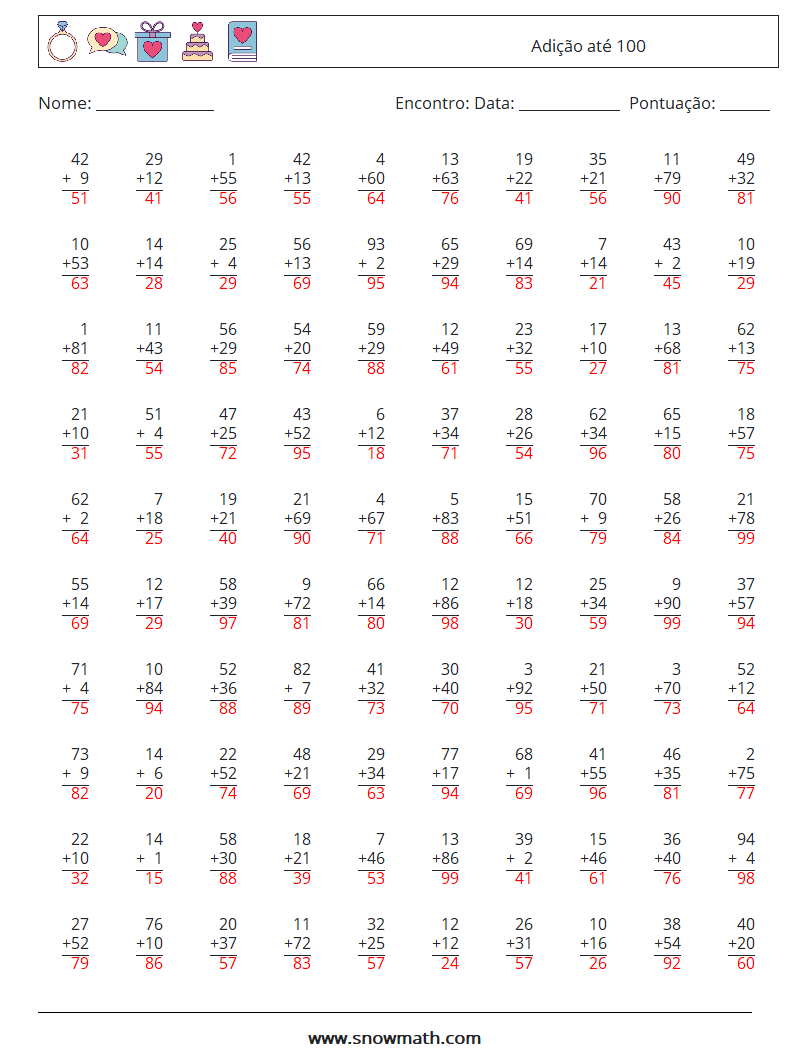 (100) Adição até 100 planilhas matemáticas 15 Pergunta, Resposta