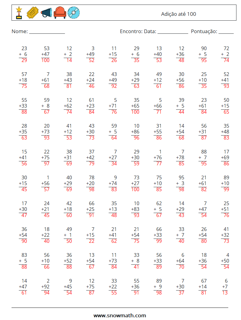 (100) Adição até 100 planilhas matemáticas 17 Pergunta, Resposta