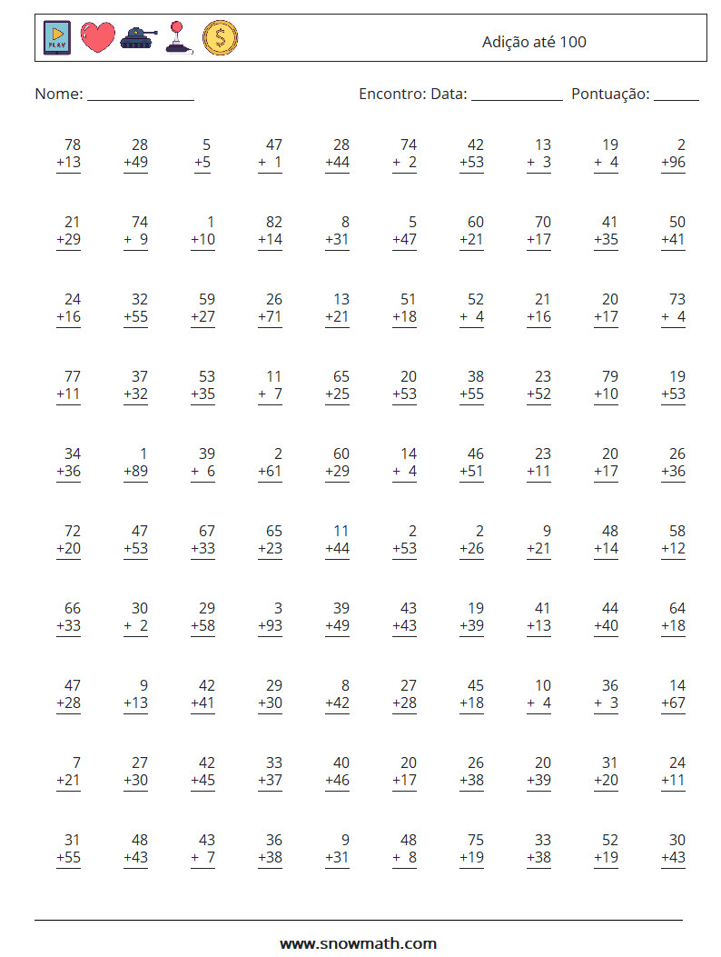 (100) Adição até 100 planilhas matemáticas 18