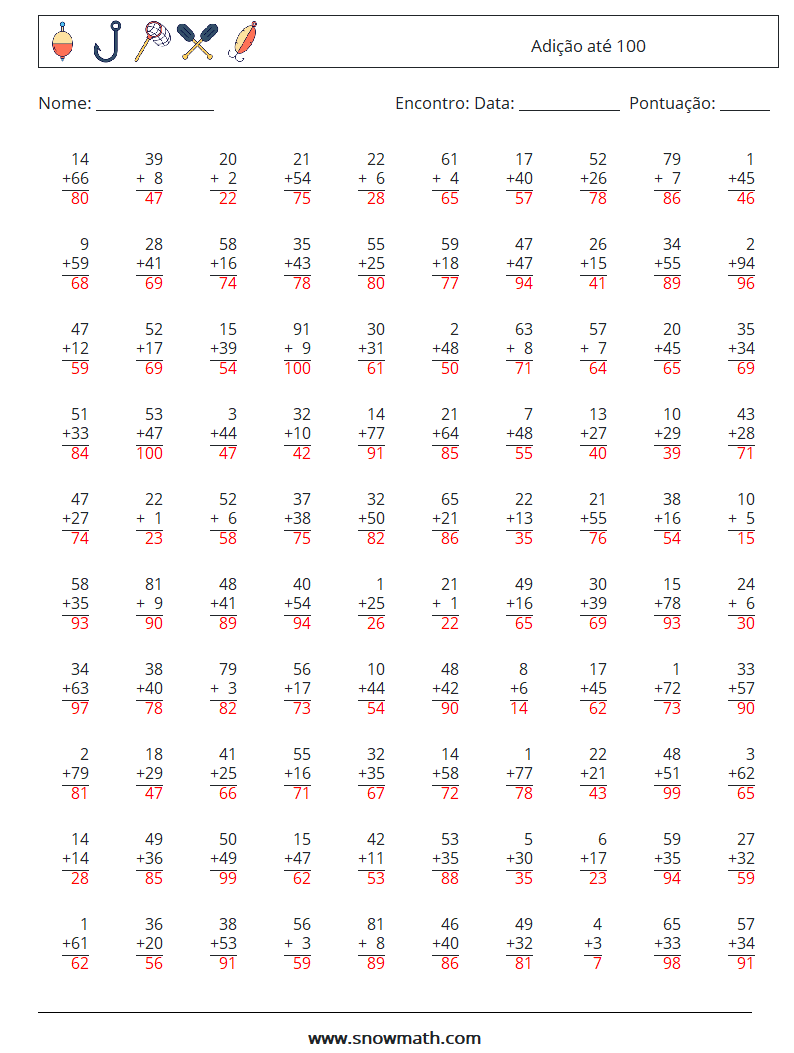 (100) Adição até 100 planilhas matemáticas 1 Pergunta, Resposta