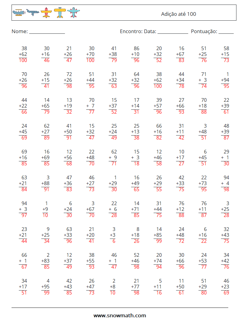 (100) Adição até 100 planilhas matemáticas 2 Pergunta, Resposta