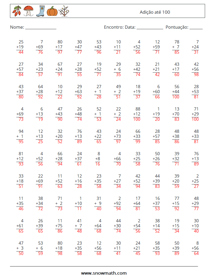 (100) Adição até 100 planilhas matemáticas 3 Pergunta, Resposta