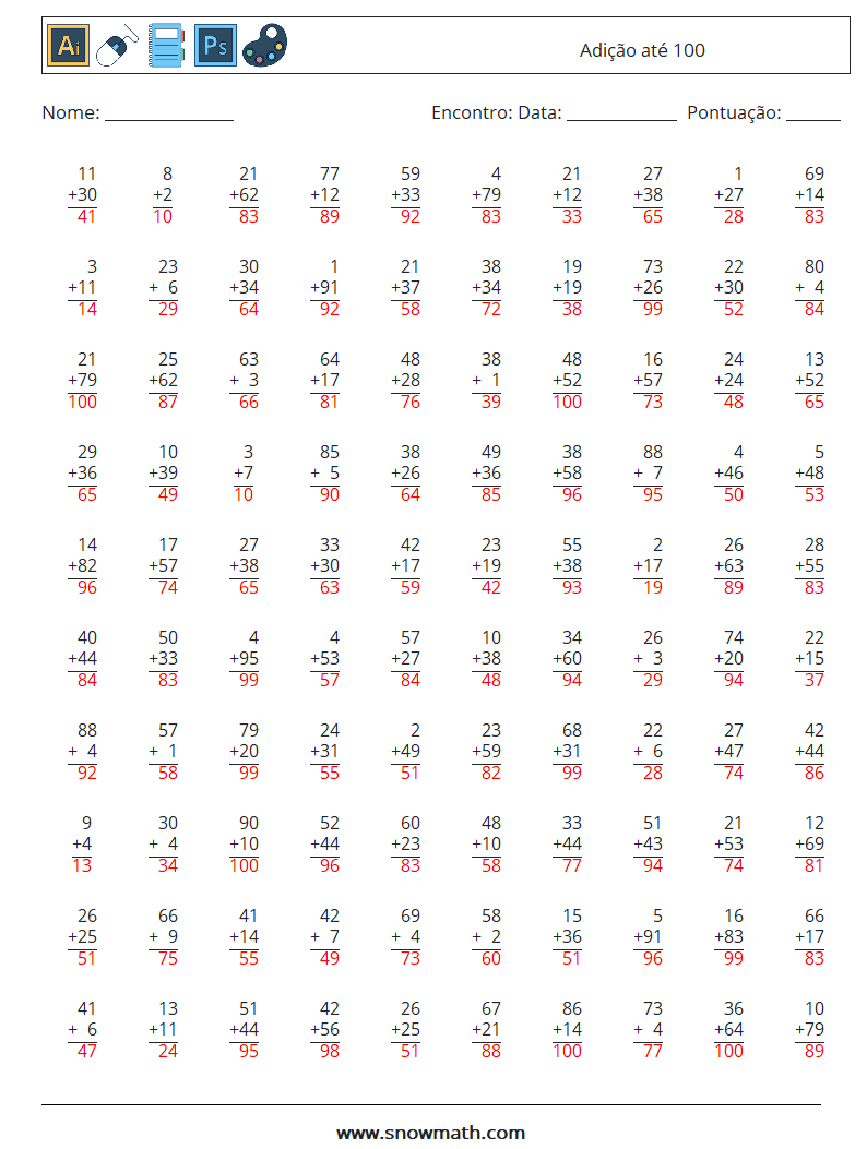 (100) Adição até 100 planilhas matemáticas 4 Pergunta, Resposta