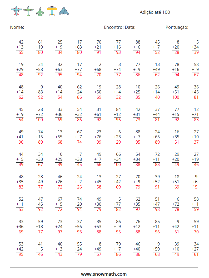 (100) Adição até 100 planilhas matemáticas 5 Pergunta, Resposta