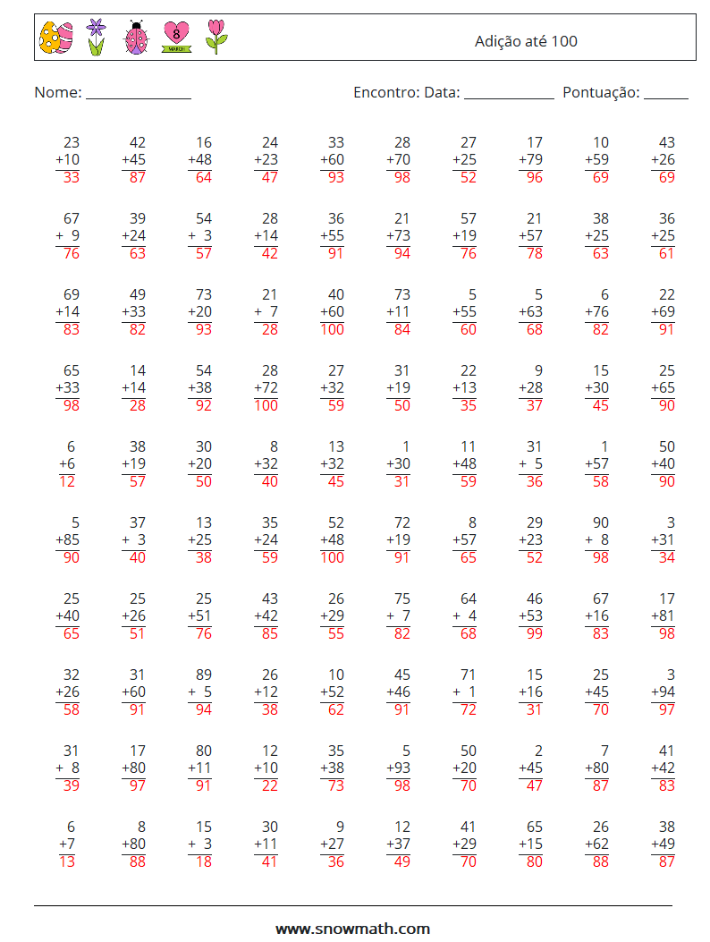 (100) Adição até 100 planilhas matemáticas 7 Pergunta, Resposta