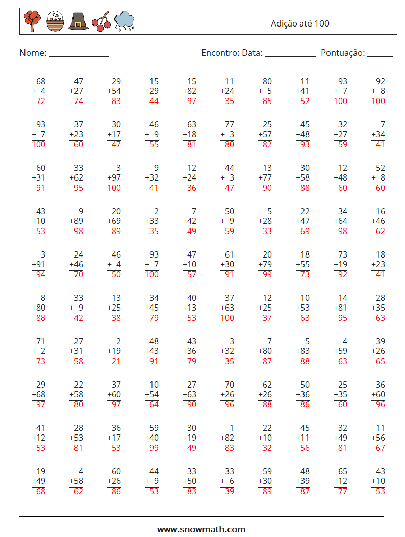 (100) Adição até 100 planilhas matemáticas 8 Pergunta, Resposta