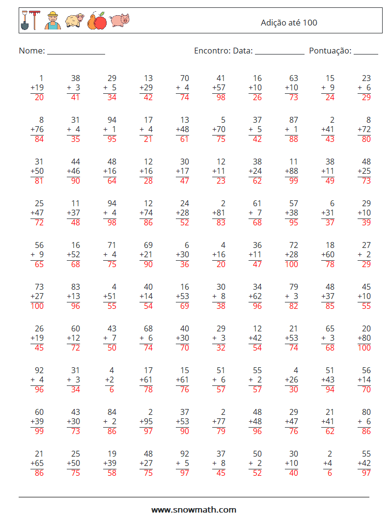 (100) Adição até 100 planilhas matemáticas 9 Pergunta, Resposta