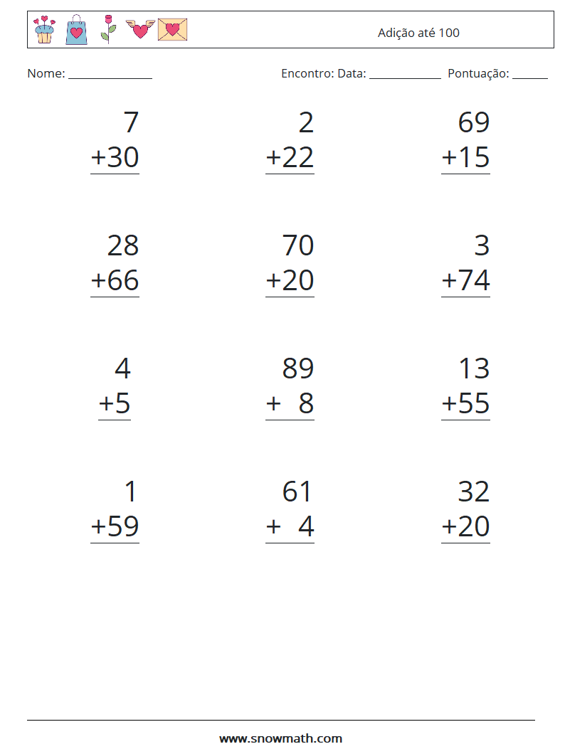 (12) Adição até 100 planilhas matemáticas 10