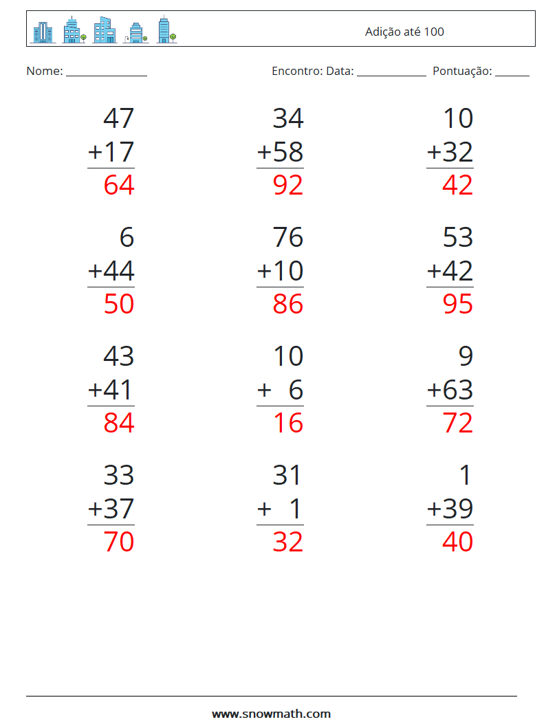 (12) Adição até 100 planilhas matemáticas 12 Pergunta, Resposta