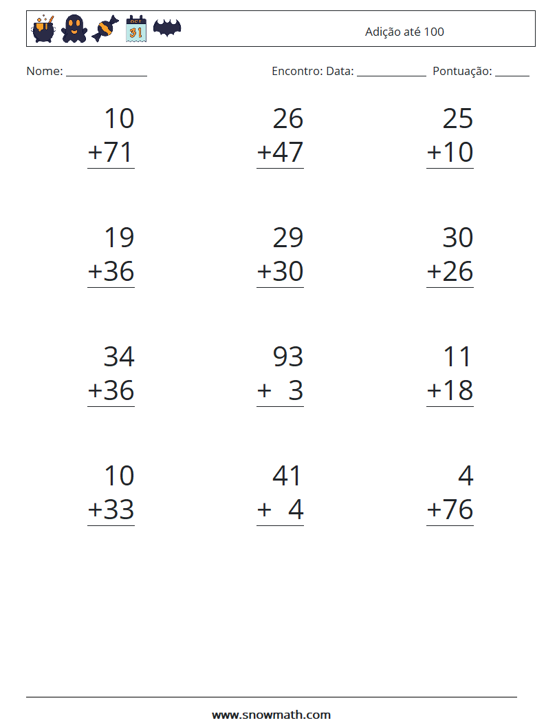 (12) Adição até 100 planilhas matemáticas 13