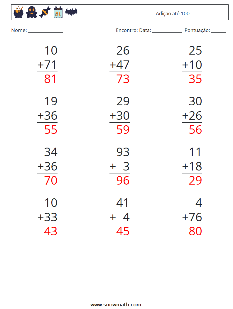 (12) Adição até 100 planilhas matemáticas 13 Pergunta, Resposta